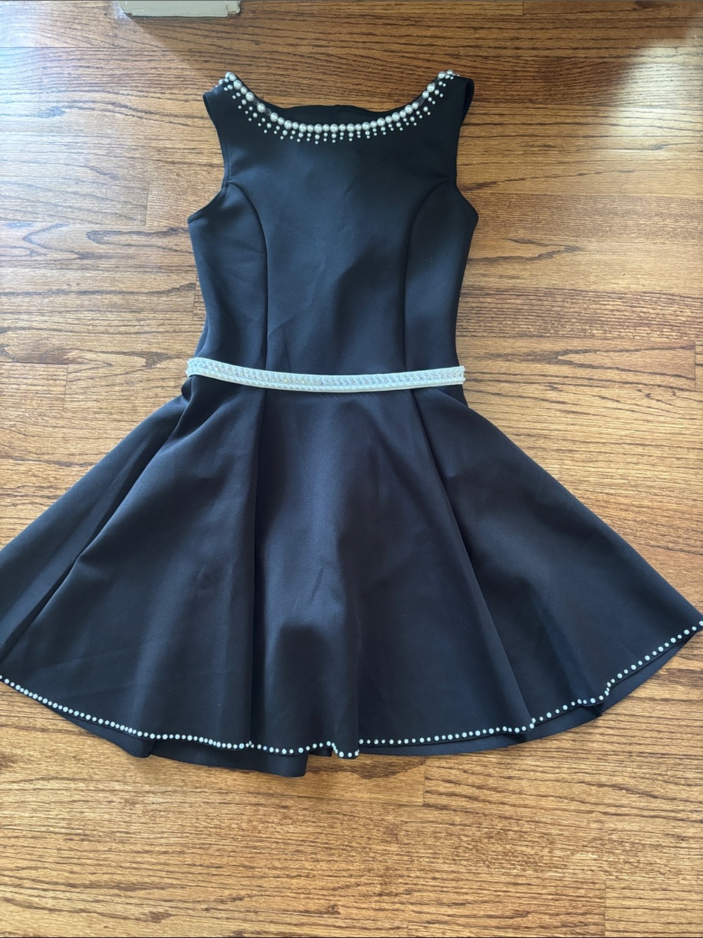 Weissman Black Mini Dress with Pearl Trim